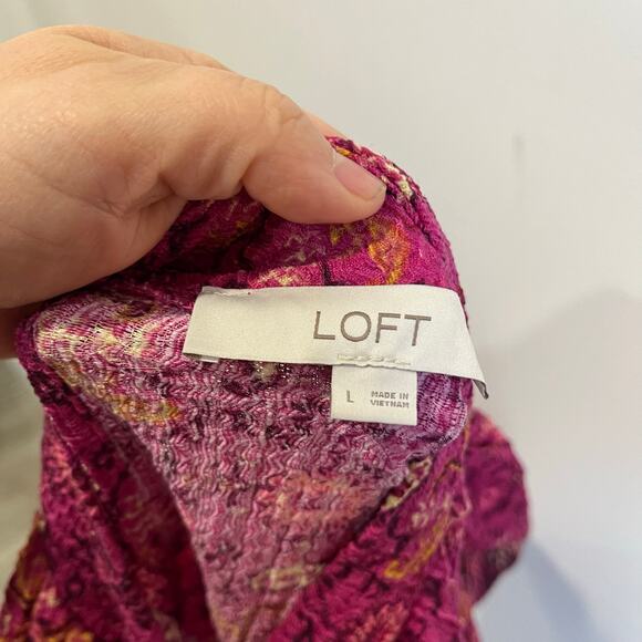 LOFT Floral Print Puff Sleeve Blouse Boho Chic Pink Purple Top Size Large - Picture 3 of 9